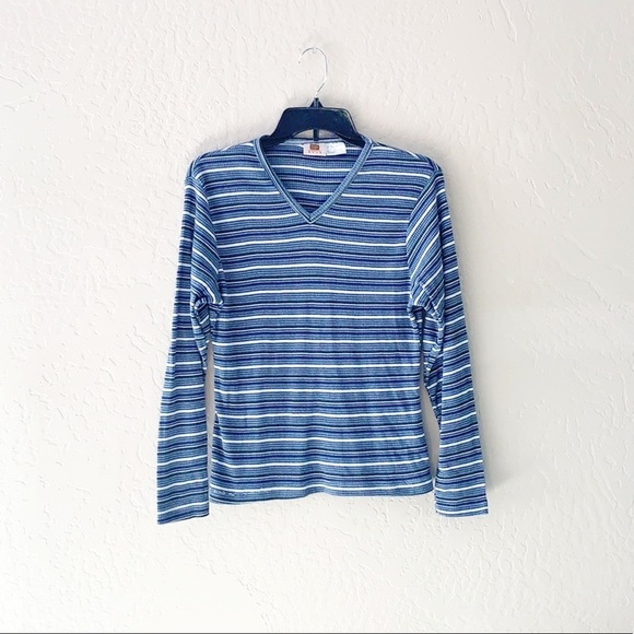Vintage Faded Glory Striped Ribbed Knit V Neck Tee - Picture 1 of 8